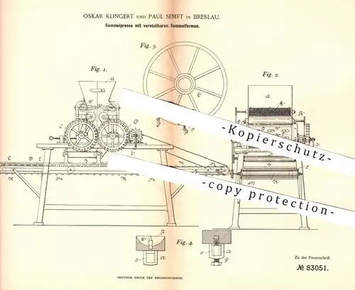 original Patent - Oskar Klingert , Paul Semft , Breslau , 1894 , Presse für Brot , Brötchen , Semmel | Bäcker , Bäckerei