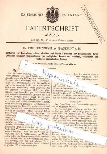 Original Patent  - Dr. E. Erlenmeyer in Frankfurt a. M. , 1884 , Farbstoffe, Firnisse, Lacke !!!