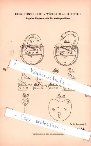 Original Patent  - Herm. Tonscheid in Wülfrath bei Elberfeld , 1885 , Schlosserei !!!