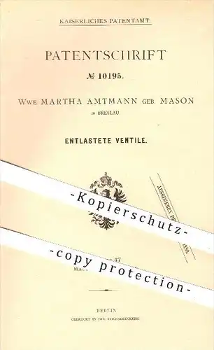 original Patent - Wwe. Martha Amtmann geb. Mason in Breslau , 1878 , Entlastete Ventile , Ventil , Maschinen , Pumpen !!