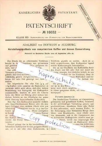 Original Patent -  A. von Hofmann in Augsburg , 1880 , Herstellungsmethode von Kaffee  !!!