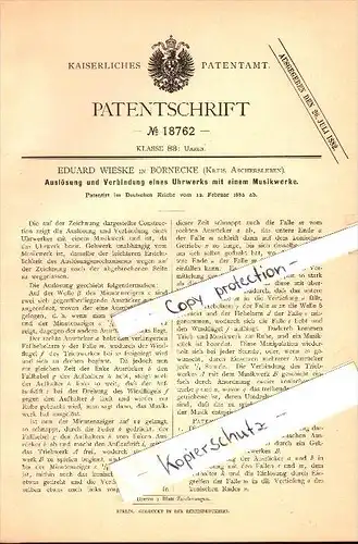 Original Patent - Eduard Wieske in Börnecke b. Blankenburg a. Harz , 1882 ,  Uhrwerk mit Musikwerk , Aschersleben !!