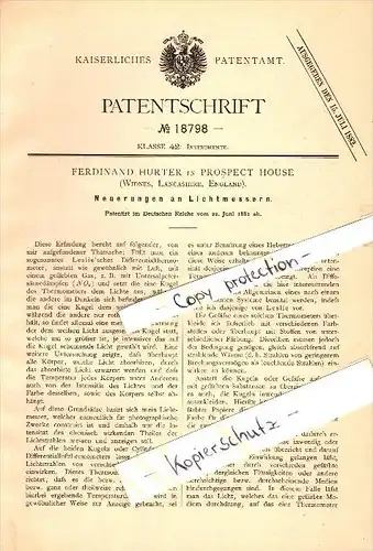 Original Patent - Ferdinand Hurter in Prospect House , Widnes , 1881 , Meter for light !!!