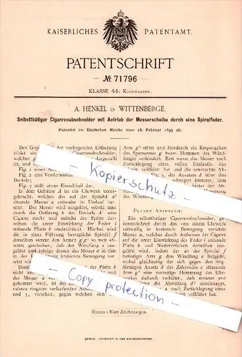 Original Patent  - A. Henkel in Wittenberge , 1893 , Cigarrenabschneider mit Antrieb  !!!