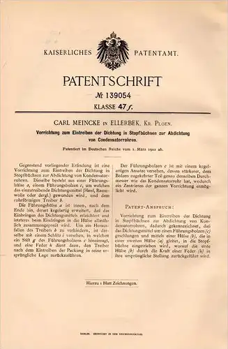 Original Patentschrift - Carl Meincke in Ellerbek , 1902 , Abdichtung für Condensatorrohre , Kondensator , Plön !!!