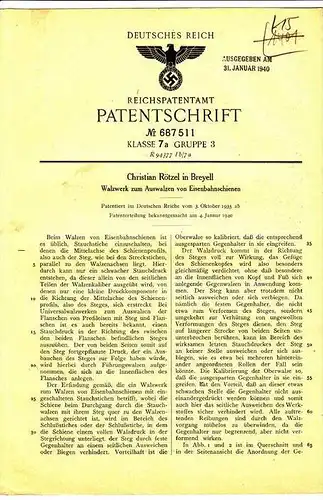 Original Patentschrift - Christian Rötzel in Breyell b. Nettetal ,1935 , Walze für Eisenbahn Schienen !!!