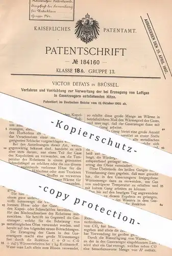 original Patent - Victor Defays , Brüssel , Belgien , 1905 , Verwertung der Hitze bei Erzeugung von Luftgas | Gas , Gase