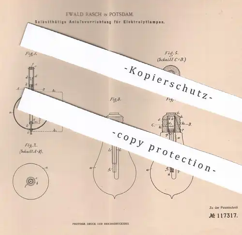 original Patent - Ewald Rasch , Potsdam , 1899 , Anlasser für Elektrolytlampen | Glühlampe , Lampe , Lampen , Licht !!