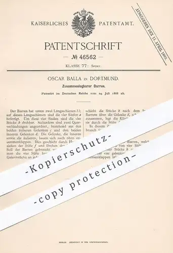 original Patent - Oscar Balla , Dortmund , 1888 , Zusammenlegbarer Barren | Sport , Turnen , Turngerät , Turner !!!