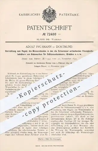 original Patent - Adolf Prüsmann , Dortmund 1893 , Regeln des Wasserstandes am Hebewerk für Schleusen , Brücken | Wasser