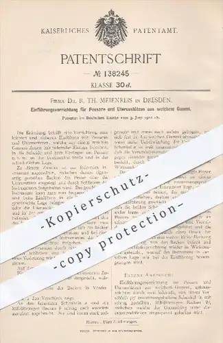 original Patent - Dr. R. Th. Meienreis , Dresden , 1902 , Einführungsvorrichtung für Pessare und Uterusstützen aus Gummi