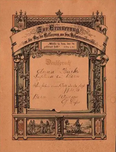 Urkunde zur Erinnerung , Anna Bürki in Lochmatt b. Bern 1900 ,  Schwarzenburg  !!!