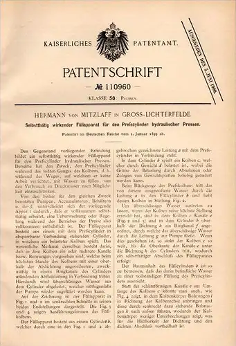 Original Patentschrift - Hermann von Mitzlaff in Lichterfelde , 1899, Apparat für hydraulische Pressen , Presse , Berlin