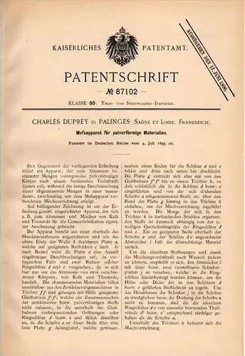 Original Patentschrift - Ch. Duprey à Palinges , 1895 , Dispositif de mesure pour la poudre , du ciment !!!