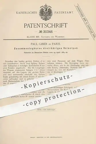 original Patent - Paul Gibier , Paris , Frankreich , 1884 , Zusammenlegbares dreirädriges Velociped | Dreirad , Fahrrad