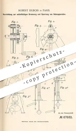 original Patent - Robert Dubois , Paris , Frankreich , 1892 , Bremse an Hebezeug | Winde , Aufzug , Lastzug !!