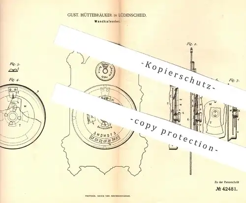 original Patent - Gust. Hüttebräuker , Lüdenscheid , 1887 , Wandkalender | Kalender , Kalendarium !!!