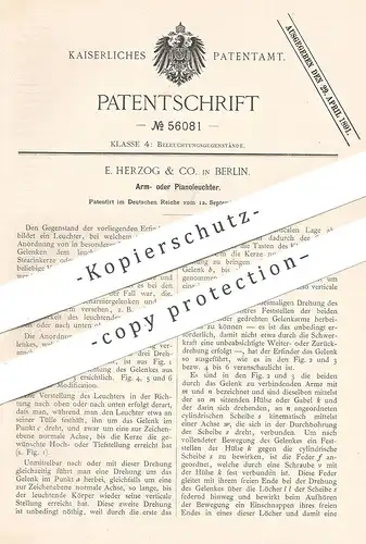 original Patent - E. Herzog & Co. , Berlin , 1890 , Armleuchter , Pianoleuchter | Leuchter für Piano | Lampe , Licht !!