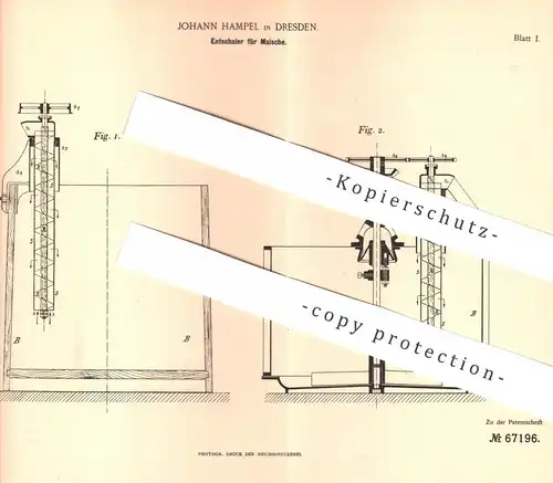 original Patent - Johann Hampel , Dresden , 1892 , Entschaler für Maische | Rührwerk , Gähren , Brauerei , Hefe , Bier