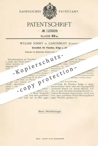 original Patent - William Nimmy , Canonbury , London  1900 , Verschluss für Flasche , Krug | Korken , Stöpsel | Flaschen