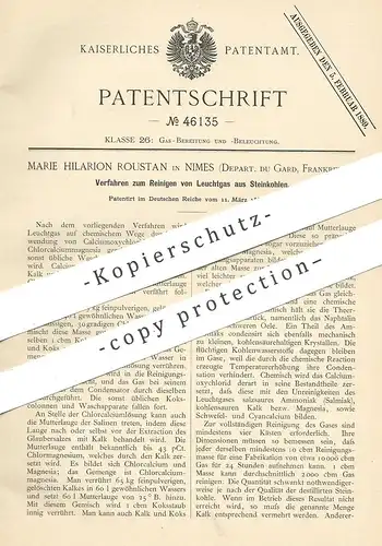 original Patent - Marie Hilarion Roustan , Nimes , Gard , Frankreich  1888 , Reinigen von Leuchtgas aus Steinkohle | Gas