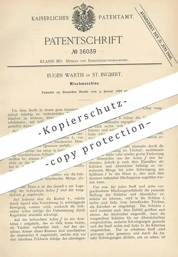 original Patent - Eugen Warth , St. Ingbert / Saarbrücken , 1886 , Mischmaschine | Mühle , Mühlen | Müller , Müllerei !