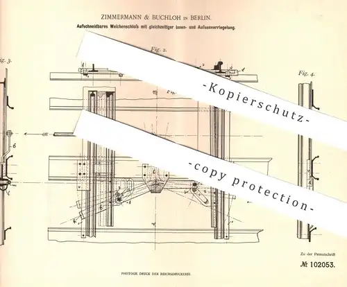 original Patent - Zimmermann & Buchloh , Berlin , 1898 , Aufschneidbares Weichenschloss | Schloss für Eisenbahn - Weiche