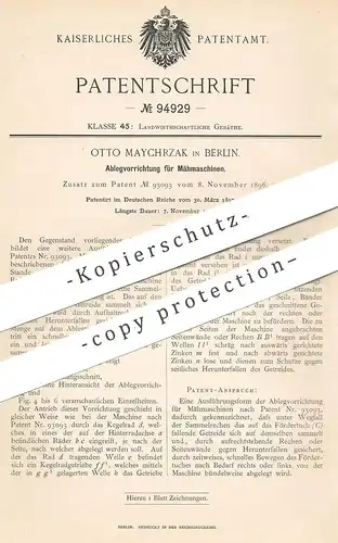 original Patent - Otto Maychrzak , Berlin 1897 , Ablegvorrichtung für Mähmaschine | Mähdrescher , Mähen , Landwirtschaft