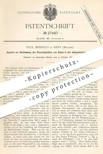 original Patent - Paul Binsfeld , Gent , Belgien , 1883 , Bestimmung des Prozentgehaltes von Gas in der Luft | Gase !!!