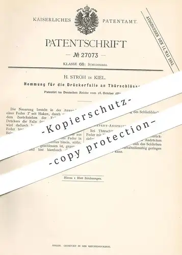 original Patent - H. Ströh , Kiel , 1883 , Hemmung für die Drückerfalle am Türschloss | Tür - Schloss | Schlosser !!!