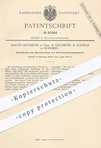 original Patent -  Martin Lintzmeyer & Schwab , Nürnberg 1888 , Herstellung von Kohlenschwammstein | Kohle , Koks , Teer