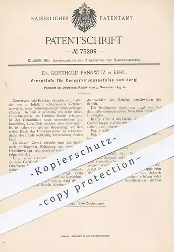 original Patent - Dr. Gotthold Pannwitz , Kehl / Rhein , 1893 , Verschluss für Konservierungsgefäße | Konservierung !!