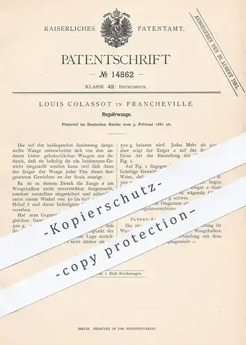 original Patent - Louis Colassot , Francheville , 1881 , Regulierwaage | Waage , Waagen , Wiegen , Gewicht !!