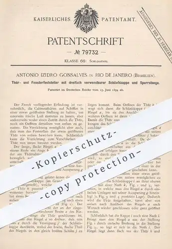 original Patent - Antonio Izidro Gonsalves , Rio de Janeiro , Brasilien , 1894 , Feststellen von Tür u. Fenster | Schiff