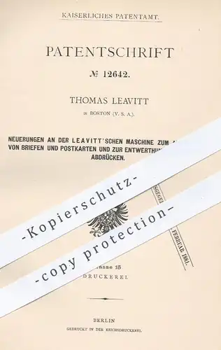 original Patent - Thomas Leavitt , Boston , USA , 1880 , Stempeln der Briefe u. Postkarten und Entwertung von Stempel