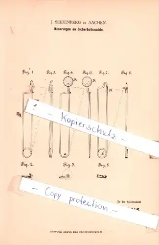 Original Patent  - J. Seidenberg in Aachen , 1881 ,  Neuerungen an Sicherheitsnadeln !!!