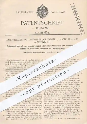 original Patent - Nürnberger Motorfahrzeuge Fabrik Union GmbH , Nürnberg , 1902 , Reibungsgetriebe | Getriebe , Motoren