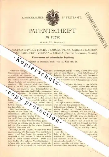 Original Patent - F. de Isaura y Fargas, P. y Corbera und J. y Veciana in Gracia / Barcelona , 1881 , medidor de agua