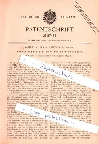 Original Patent  - Samuel Gjers in Arboga , Schweden , 1895 , Hydraulisches Stellwerk für Turbinenregler !!!