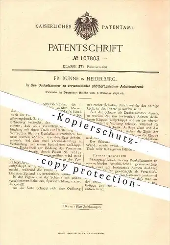 original Patent - F. Runne , Heidelberg , 1898 , photographischer Arbeitsschrank u. Dunkelkammer , Fotograf , Fotografie