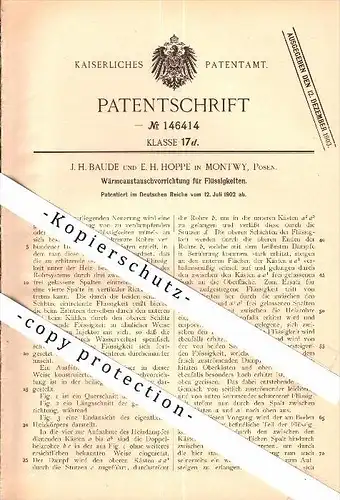 Original Patent - J.H. Baude und E.H. Hoppe in Montwy / Matwy , 1902, Wärmetauscher , Hohensalza /  Inowroclaw , Pommern