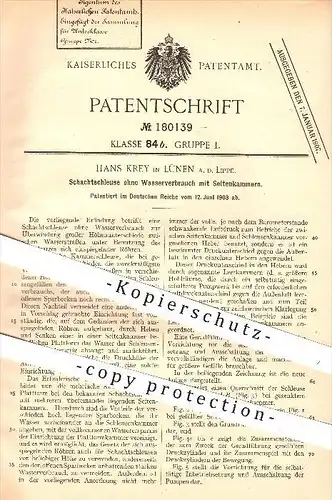 original Patent - Hans Krey , Lünen / Lippe , 1903 , Schachtschleuse ohne Wasserverbrauch mit Seitenkammern , Schleuse !