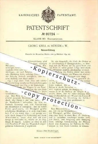 original Patent - Georg Krell in Hüsten , 1894 , Heizvorrichtung , Heizung , Herd , Feuerung , Heizkörper , Schornstein