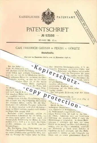 original Patent - Carl Fr. Greiner , Penzig , Görlitz , 1896 , Glashafenofen , Glas , Gläser , Glasbläser , Ofen , Öfen