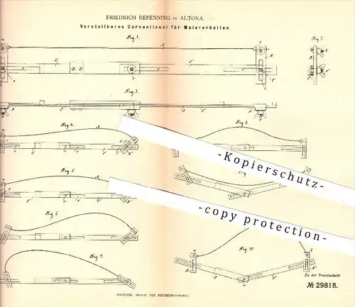 original Patent - Friedrich Repenning in Altona , 1884 , Verstellbares Kurvenlineal für Malerarbeiten , Lineal , Maler