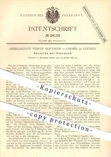 original Patent - Gesellschaft Vieille Montagne , Chenée bei Lüttich , 1883 , Röstofen mit Rührwerk , Ofen , Öfen , Erze