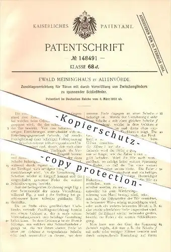 original Patent - Ewald Meininghaus in Altenvörde , 1903 , Zuschlagvorrichtung für Türen , Tür , Türschloss , Schlosser