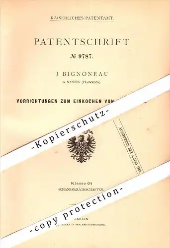 Original Patent - J. Bignoneau à Nantes , 1879 , Canning de conserve !!!