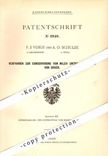 Original Patent - F. Voigt und A. Schulze in Giesenstein / Bad Gottleuba und Pirna , 1878 , Konservierung von Milch !!!