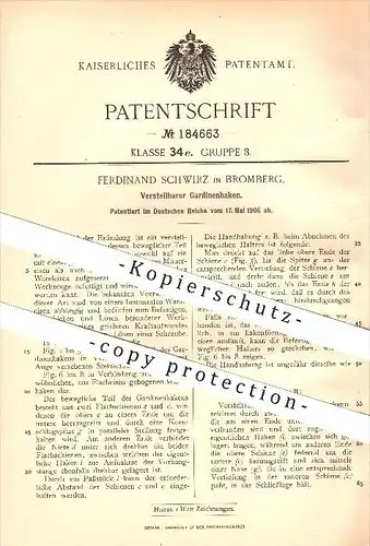 original Patent - Ferdinand Schwirz in Bromberg , 1906 , Verstellbarer Gardinenhaken , Gardinen , Vorhänge , Haushalt !!